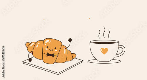 Adorable Croissant Character Relaxing With Coffee Cup Concept Illustrated in Minimalist Style