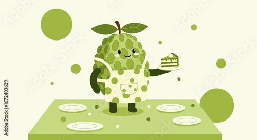 Adorable Custard Apple Character Offering Cake Slice With Appealing Culinary Presentation
