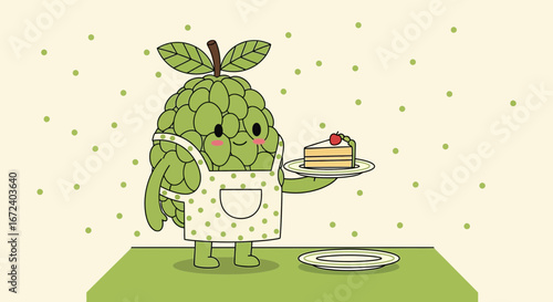 Adorable Custard Apple Mascot Offering Dessert with Delightful Charm and Sweetness