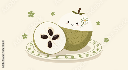 Adorable Custard Apple Illustration on a Floral Plate: Charming Fruit Cartoon Aesthetic