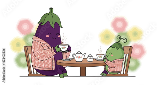 Adorable Eggplant Characters Enjoying Tea Time Together In A Whimsical And Cozy Scene