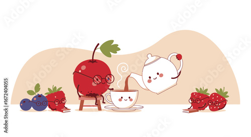 Adorable Fruit Characters Enjoying Tea Time and Reading in a Whimsical Illustration
