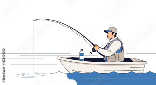 Angler Fishing From a Boat on Calm Waters, Enjoying a Pleasant Sunny Day