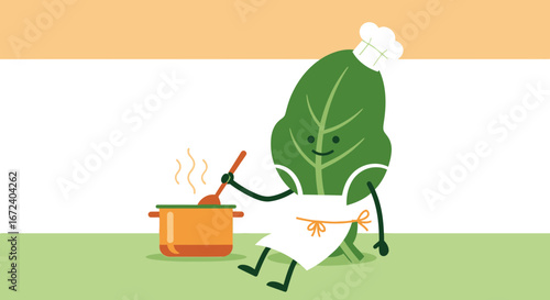 Animate Spinach Chef Cooking Delicious Meal in Whimsical and Cheerful Illustration
