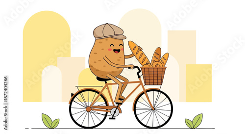 Animate Potato Person Riding Bicycle with Baskets Full Delicious Bread, Daily Freshness Delivery
