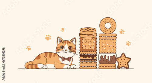 Adorable Ginger Cat With Bowtie Beside Biscuit Stacks And Paw Print Accents Illustration