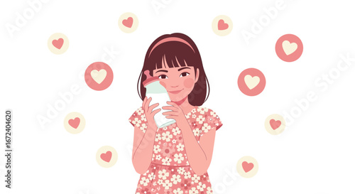 Adorable Girl Holding Baby Bottle With Love Symbols Around Her Smiling Gently Everyday