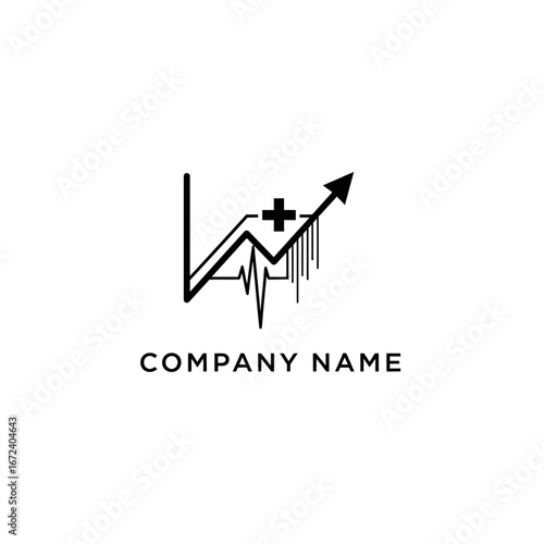 Medical business growth chart with heartbeat and plus sign logo.
