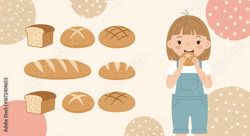 Adorable Girl Relishing Fresh Bread, A Delightful Illustration of Bakery Delights