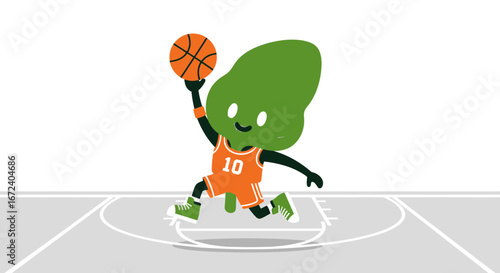 Animated Avocado Basketball Player With Athletic Uniform On Court With Ball Ready To Score