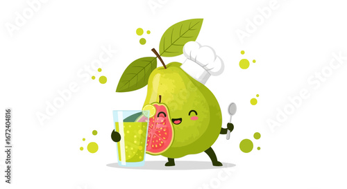Adorable Guava Chef Character Preparing Fresh Drink and Smiling Happily, Cartoon Illustration