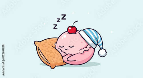 Adorable Ice Cream Cartoon Dreaming Peacefully On A Waffle Pillow With Sleep Cap