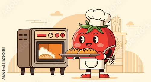 Animated Baking Tomato Chef Delivering Fresh Bread From A Retro Styled Oven