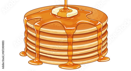 Stack of Delicious Golden Brown Pancakes Drenched in Sweet Maple Syrup with a Butter Melting on Top, Perfect for Breakfast or Brunch