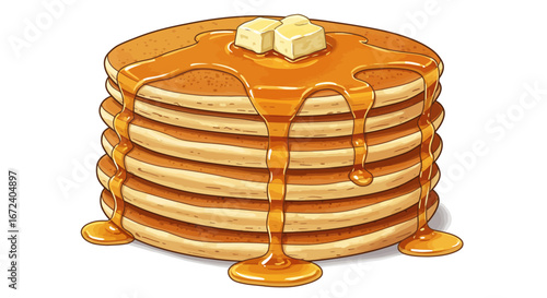 Delicious stack of pancakes illustration with melting butter and dripping maple syrup, a classic breakfast food vector design isolated on white