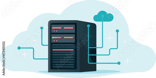Cloud Server Computing Concept. Vector cartoon illustration of futuristic server system with network lines showing internet hosting and data processing.