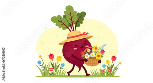 Animated Beetroot Character Enjoying Summer Flowers In A Garden Scene With Joy