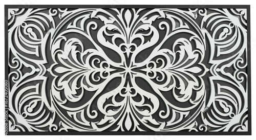 Intricate ornamental pattern in a monochrome palette with detailed filigree and floral motifs, suitable for decorative panels or architectural elements