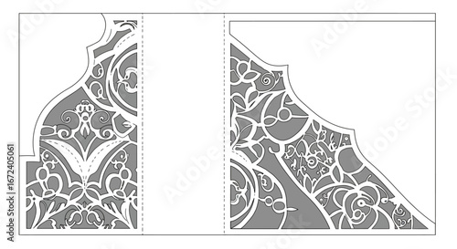 Intricate Islamic geometric patterns and floral motifs in a symmetrical architectural design, showcasing decorative elements and traditional artistry in a graphic illustration