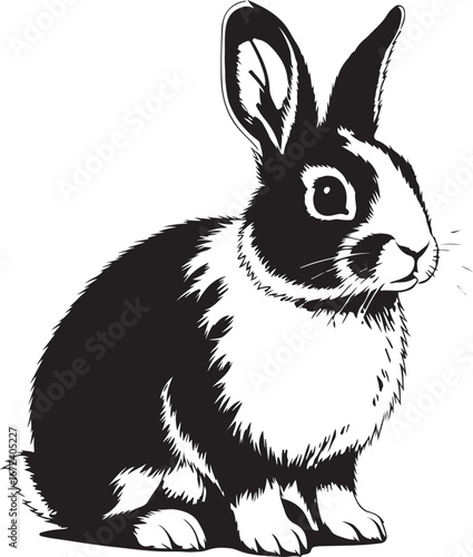 Black and white illustration of a Dutch rabbit sitting on a white background bunny hare