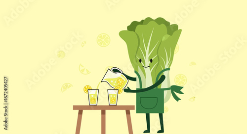 Animated Bok Choy Character Mixing Lemonade Drinks On A Pale Yellow Background