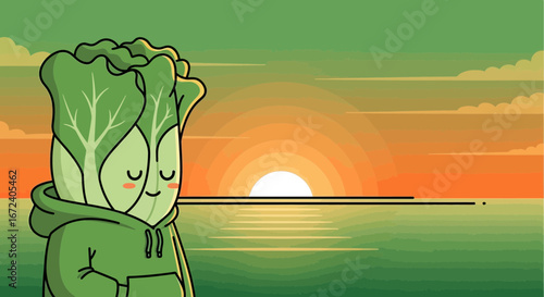 Animated Bok Choy Character At Sunset, Wearing A Green Hoodie, With Expressive Eyes And A Tranquil