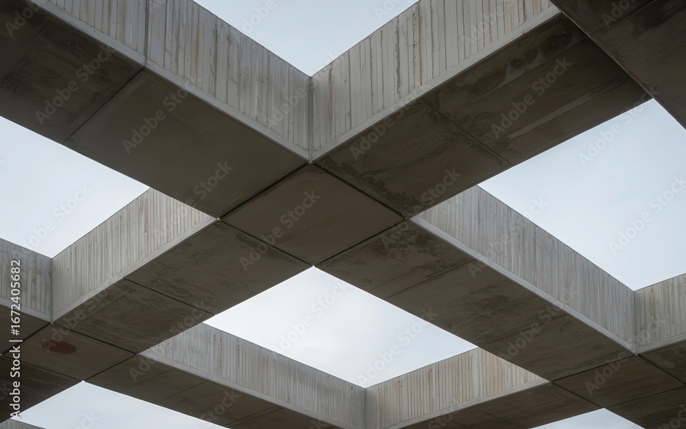 Fototapeta premium Modern architectural design with intersecting concrete beams creating a geometric pattern against sky, elegant structure