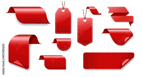Set of Glossy Red Price Tag and Ribbon Label Vector Design