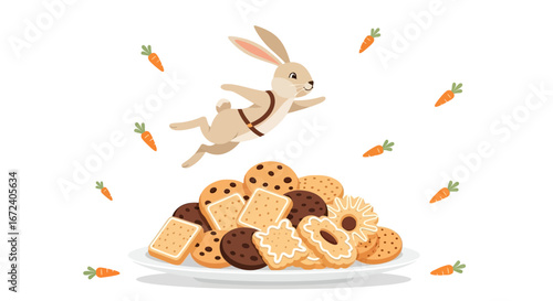 Animated Bunny Hopping Above Cookies and Flying Carrots For Children's Illustration