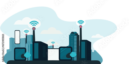 Connected Urban Network Concept. Vector cartoon illustration of city buildings with antennas and Wi-Fi signals symbolizing digital communication and smart infrastructure.
