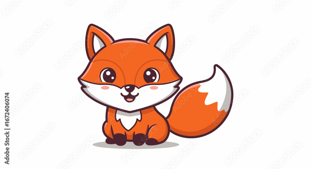 Obraz premium Adorable Red Fox Sitting and Smiling with Big Cute Eyes, Vector Cartoon Illustration of a Friendly Wild Animal with Fluffy Tail