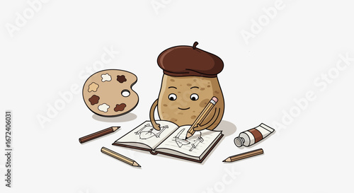 Adorable Potato Artist Sketching In A Notebook With Art Supplies On Display
