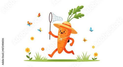 Animated Carrot Character Chasing Butterflies in a Joyful Garden Scene Illustration