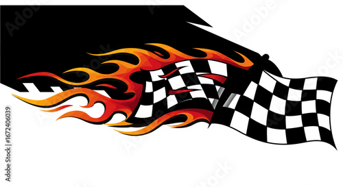 Tribal flame-like abstract graphic with racing checkered flag elements, a dynamic and aggressive design for automotive enthusiasts and extreme sports fans