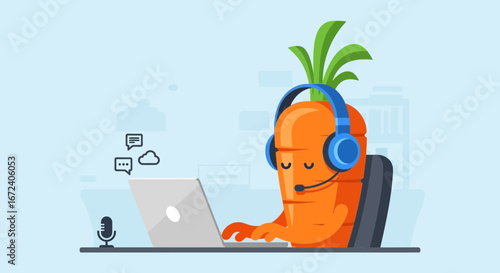 Animated Carrot Character Engaged In Customer Service Operations With Headset And Laptop