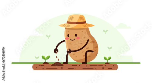 Adorable Potato Character Planting Seeds Cartoon Illustration In The Garden Beautifully