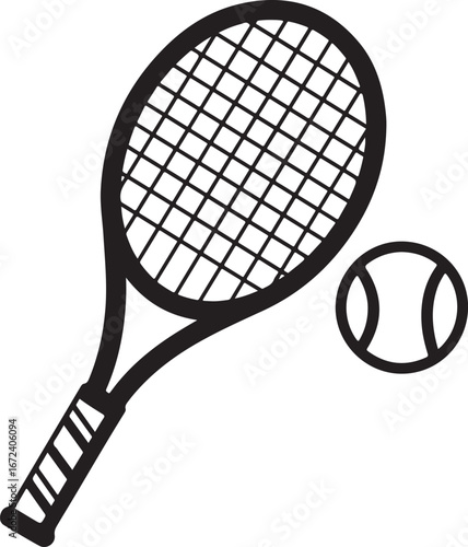 Black and White Tennis Racket and Ball Icon sport game