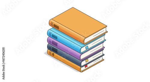 Stack of colorful books with bookmarks in isometric perspective, representing knowledge, education, and learning