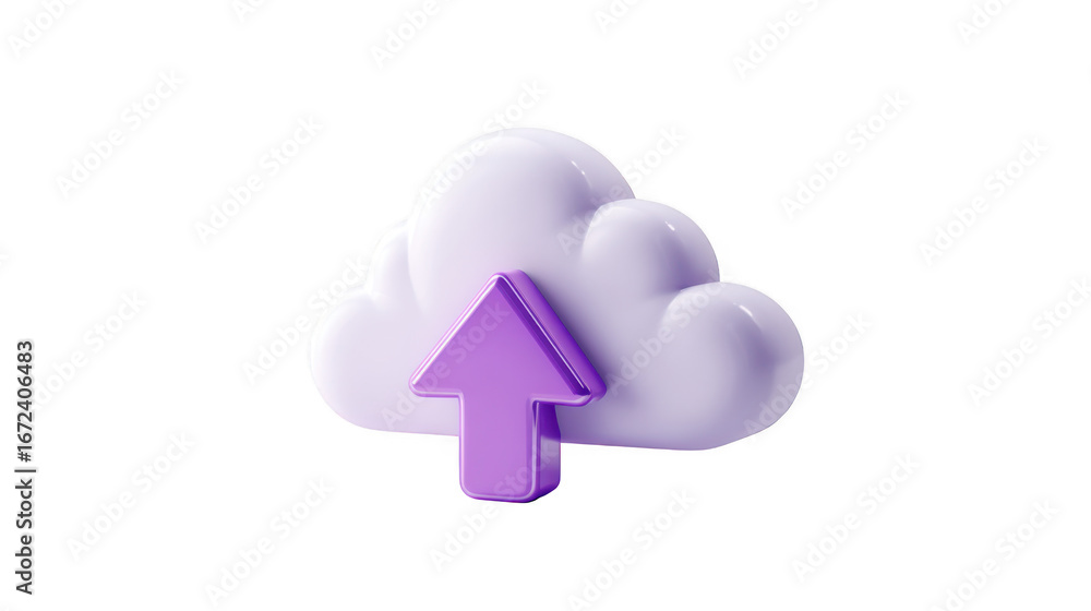 Obraz premium 3d render stylized cloud icon with upward purple arrow for cloud storage and upload operations