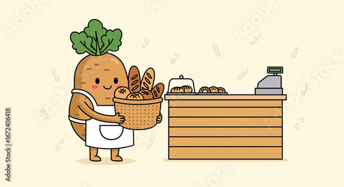 Adorable Root Vegetable Baker With A Freshly Baked Bread Basket, Ready To Sell.