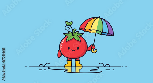 Adorable Tomato Character Holding Rainbow Umbrella Experiencing Rainy Season Joyfully