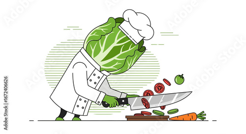 Animated Chef Chopping Fresh Vegetables, Artistic Illustration of Culinary Scene
