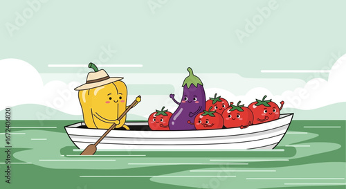 Adorable Vegetable Friends Embark On A Joyful Voyage In Cartoon Boat On a Sunny Day