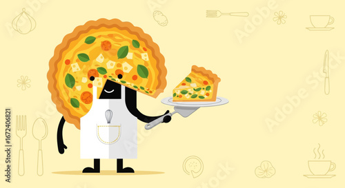 Animated Chef Presenting a Slice of Delightful Tart Decorated with Fresh Herbs