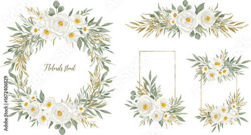 Floral wreath illustrations with white flowers and greenery on white background