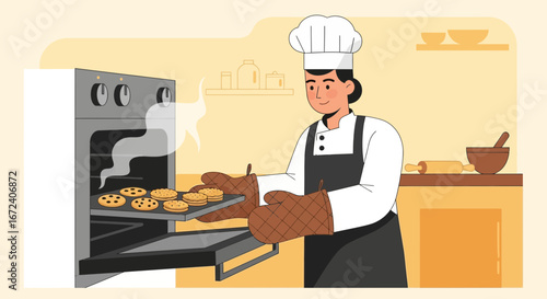 Animated Chef Removing Freshly Baked Cookies From Oven In Culinary Kitchen Illustration