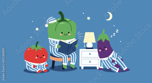 Adorable Vegetable Trio Enjoys Storytime Under The Moonlight: Sweet Dreams Ahead