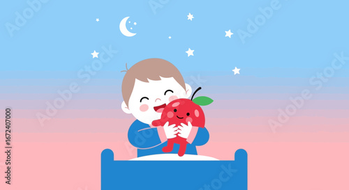 Adorable Young Child Embracing A Cute Toy Friend Beneath The Night Sky