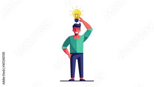 Enlightened Concept: A dynamic illustration portrays a male figure radiating bright idea with a luminous lightbulb poised atop the head.