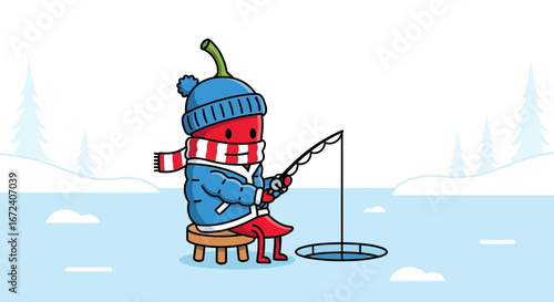Animated Chili Character Enjoying Ice Fishing On A Frozen Lake In Winter Time